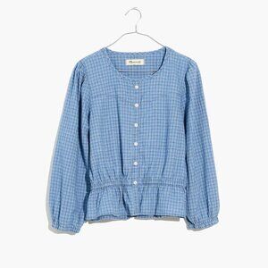 Madewell Chambray Puff-Sleeve Peplum‎ Top in Windowpane size xsmall